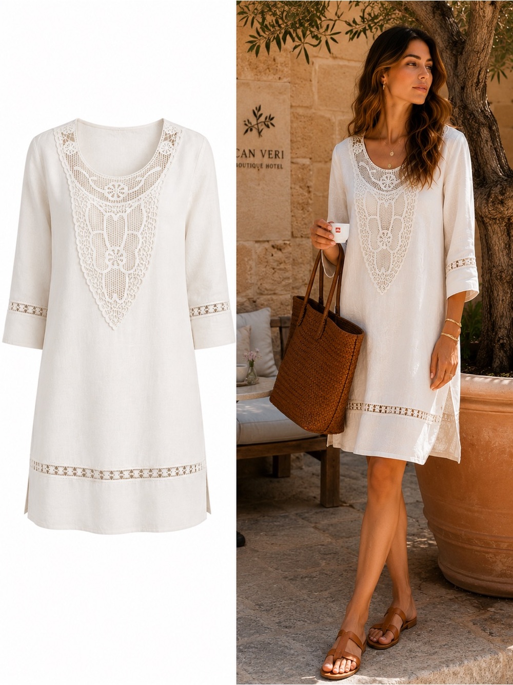 Massimo Dutti White Linen Crochet Lace Bib Shift Dress Small EUC
